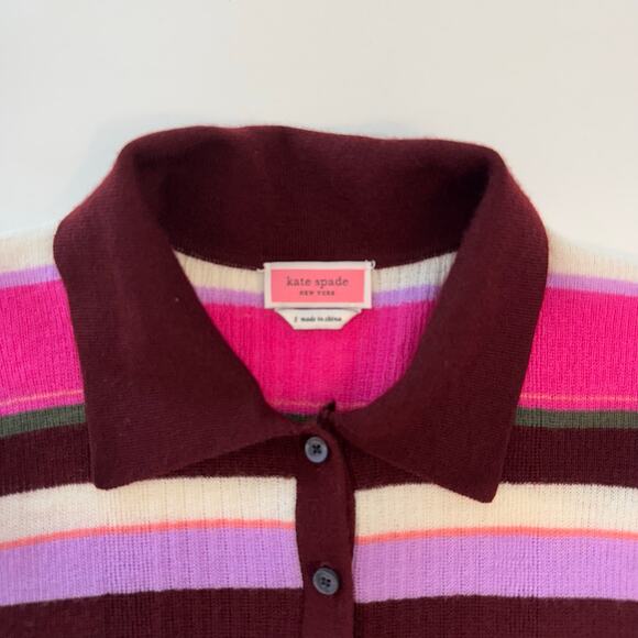 Kate Spade Striped Wool Polo Sweater Long Sleeve Collar Multicolor Maroon Size S - Picture 8 of 10